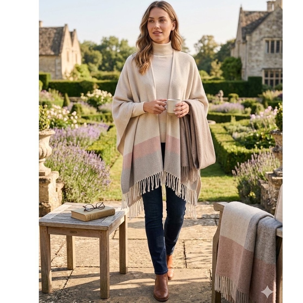 LOFT Outlet Herringbone Fringe Poncho Wrap Neutral Pink Grey One Size NWT